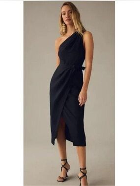 NWT Anthropologie black one shoulder wrap linen dress